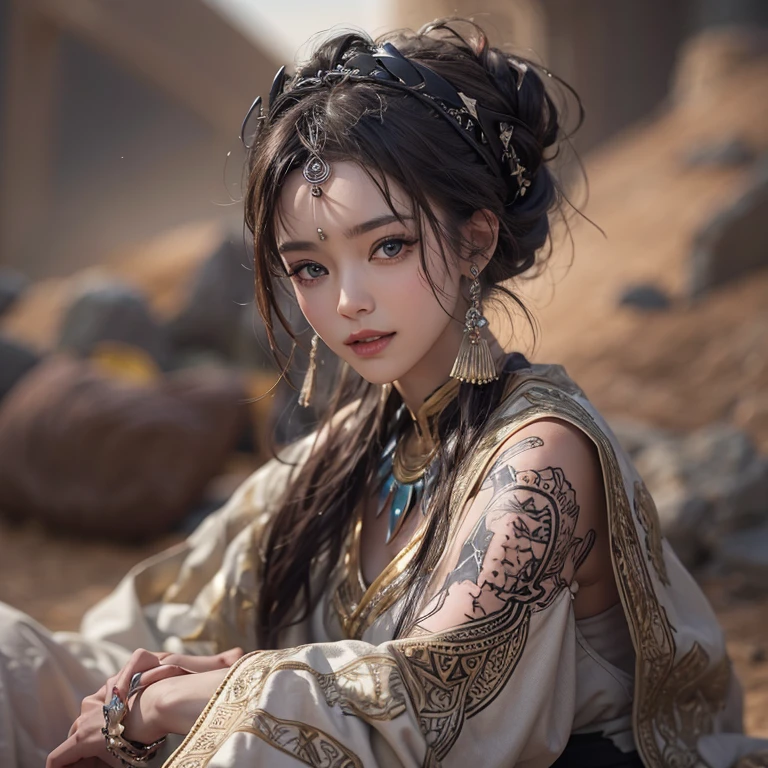 Hiding in the desert、Hair flow、 ((highest quality、masterpiece、8k、Best image quality、Ultra-high resolution、Award-winning works)、(Accurate anatomy:1.1)、(Look at me and smile:1.1)、Shining fair skin with Ultra-high resolution、The most detailed face、Ultra-high resolution detailed face、Ultra-high resolutionの髪の毛、(Ultra-high resolutionの煌めく瞳:1.1)、Beautiful face drawn in every detail、(Blurred Background:1.1)、Ancient Islamic clothing, Chest to Chest, tattoo, Old ruins in the background、Sitting black panther