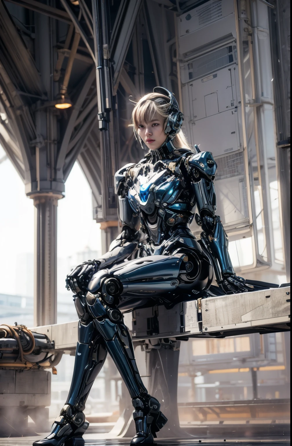 (best quality:1.2), 8k, highres, octan render, (masterpiece), extremely ultra detail, cyborgized Japanese woman, extremely ultra cute face, , skinny body, flat chest,  (blue metallic mechanical frame:1.5), (Power cables connected throughout the body), detaile up, Instead of hair, there are cables growing out of it, mechanical fusion, mechanical skeleton, bio mechanics, mechanical life-form, highly intricate detail, extremely ultra real texture, human-like skin, realistic hair, ultra realistic details, professional lighting, (realistic:1.4), (RAW photo:1.2), (photorealistic:1.37)