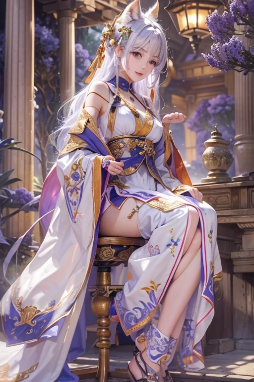 Hiding in an ancient shrine、Hair flow、 ((highest quality、masterpiece、8k、Best image quality、Ultra-high resolution、Award-winning works)、(Accurate anatomy:1.1)、(Look at me and smile:1.1)、Shining fair skin with Ultra-high resolution、The most detailed face、Ultra-high resolution detailed face、Ultra-high resolutionの髪の毛、(Ultra-high resolutionの煌めく瞳:1.1)、Beautiful face drawn in every detail、(Blurred Background:1.1)、Ancient maiden costume, Chest to Chest, tattoo、Other than white fox