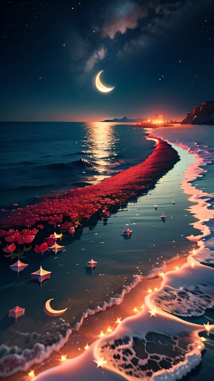 A crescent moon floating in the sea, And the white beach road is covered with beads of red rose light, star , starry sky, fire Fly, Water bubbles, Hayao Miyazaki style, Romantic Flowers, 8K HD, CG rendering