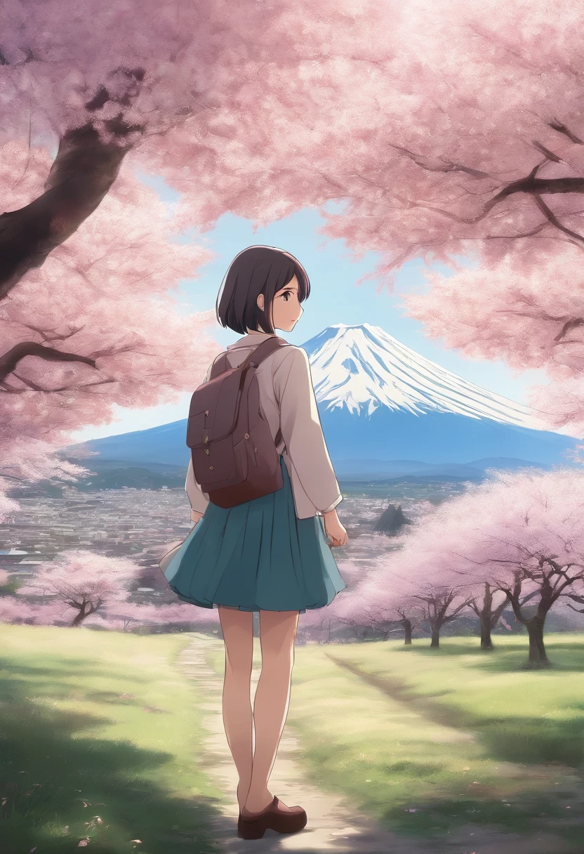 spring　Cherry tree　　Mt fuji　Spotless　Breeze　Anime-style Japanese school girl from the waist up facing forward