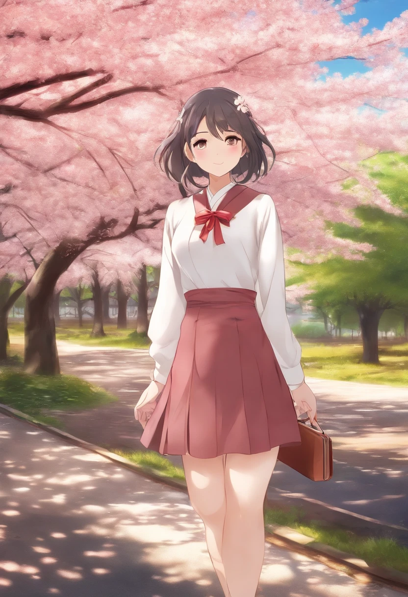 spring　Cherry tree　　Mt fuji　Spotless　Breeze　Anime-style Japanese school girl from the waist up facing forward