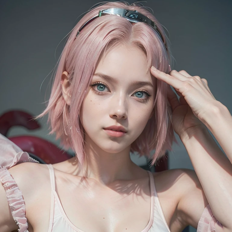 young woman, short shoulder-length pink hair, wide forehead, porcelain skin, pink eyebrows, big emerald green eyes, buttoned nose, full lips, heart-shaped face, slender body, small breasts, red tank top, Sakura Haruno , realistic, realism, details, 3d, well detailed
