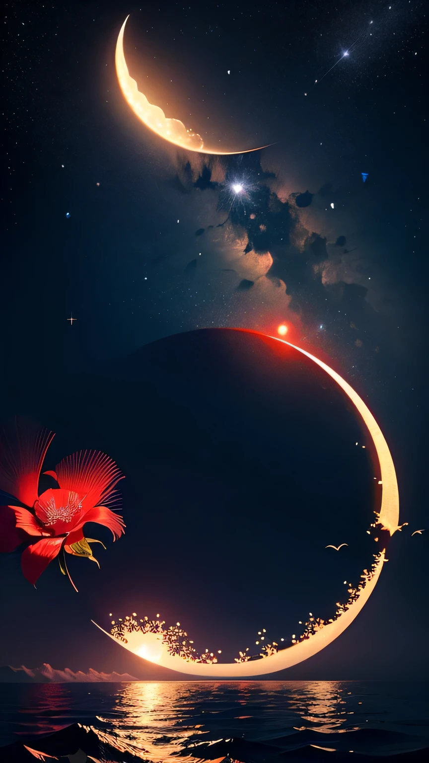 A crescent moon floating in the sea, And the white beach road is covered with beads of red rose light, star , starry sky, fire Fly, Water bubbles, Hayao Miyazaki style, Romantic Flowers, 8K HD, CG rendering