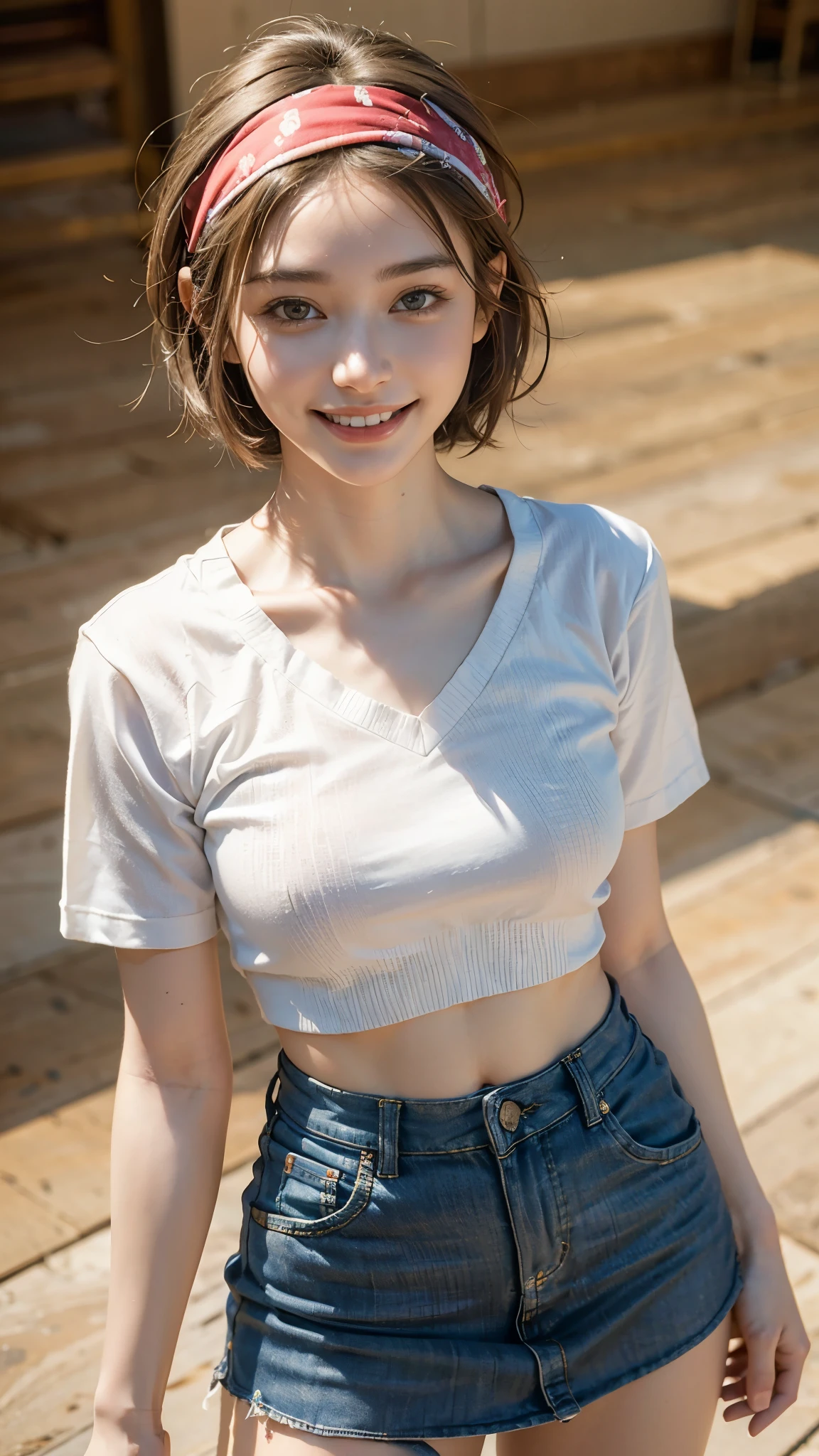 highest quality, masterpiece, Ultra-high resolution, (Realistic:1.6), (Facing portraits) RAW Photos, 1 girl, 20-year-old,((Miniskirt Uniform)),((short hair)),((Wear a bandana on your head)),((Looking up at the audience)),Realistic,((Simple solid color background)), Image Media Chest)),((Smiling with teeth showing)),