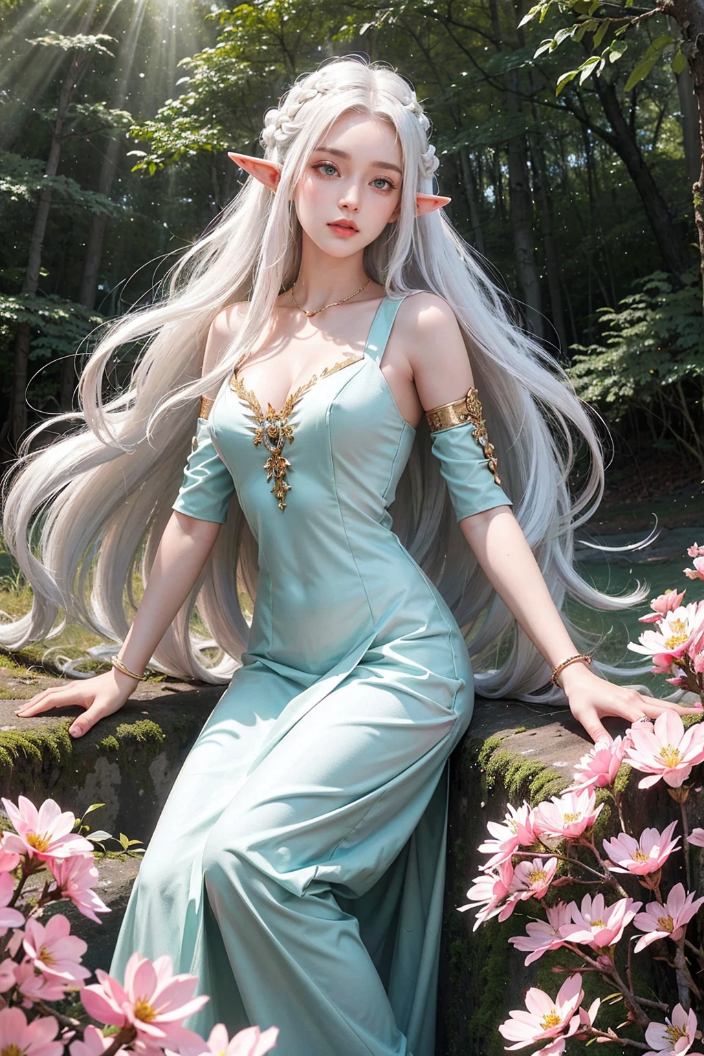 (masterpiece, best quality, high quality, highres, ultra-detailed), realistic,,1 sweet girl, the greater lord rukkhadevata, (side braid:1.1), long hair,((white hair)), leaf hair ornament, (pointy ears), elf, green eyes, pale skin, bare shoulders, (medium breasts), (cleavage:1.1), jewelry, white long dress, (detached sleeves:1.1), bracelet, (looking away:1.2), (hair floating:1.3), from side,,(in forest:1.3), (pink flowers:1.1), (falling petals:1.1), (lens flare from right:1.2), (god rays from right:1.2),,
