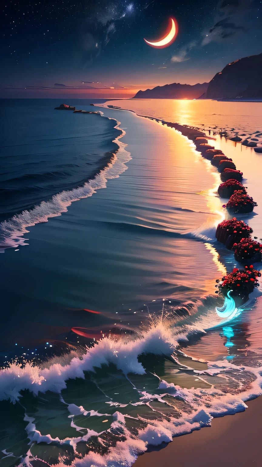 A crescent moon floating in the sea, And the white beach road is covered with beads of red rose light, star , starry sky, fire Fly, Water bubbles, Hayao Miyazaki style, Romantic Flowers, 8K HD, CG rendering