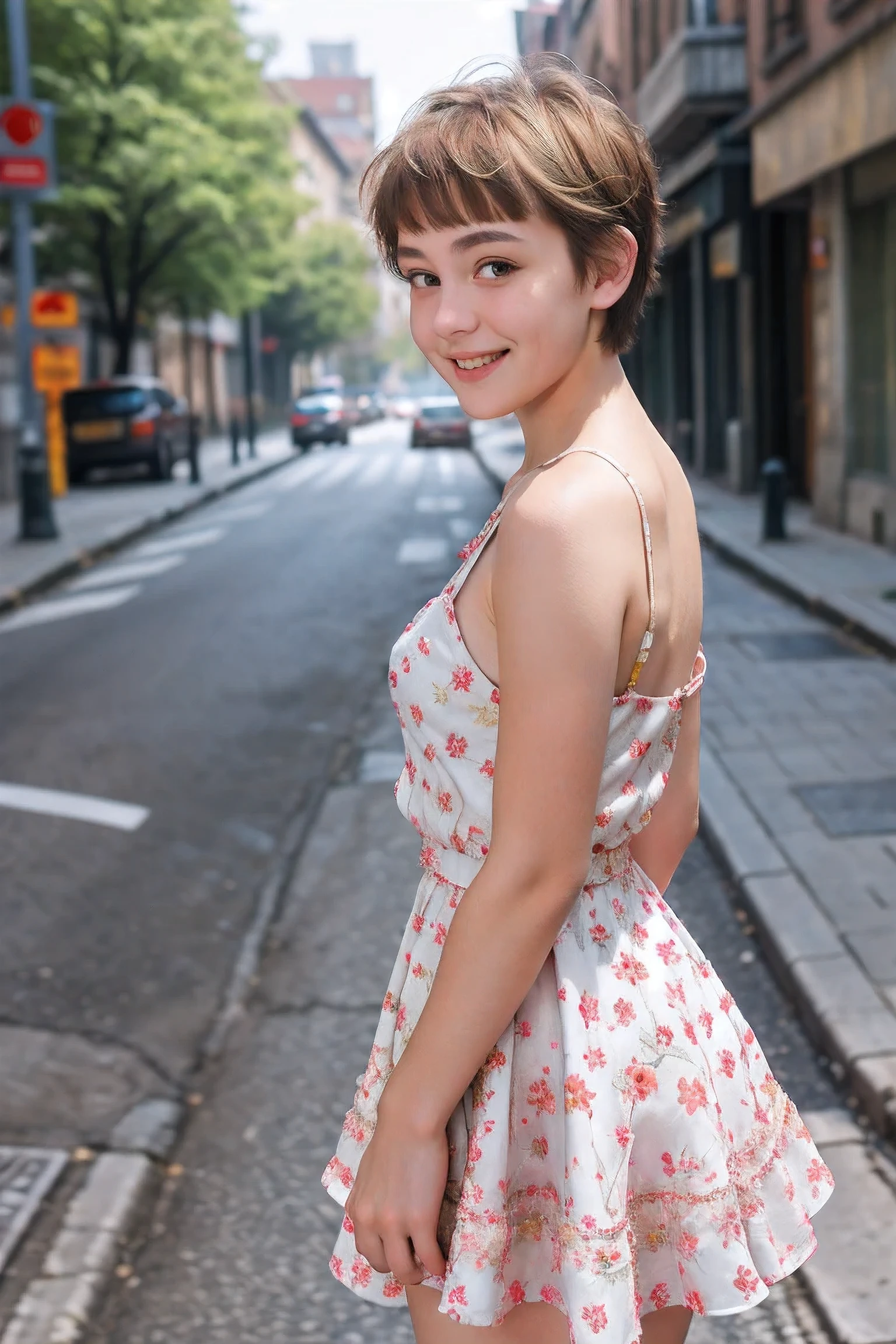 8k, raw picture, photograph, beautiful short hair female ,dress , street ,happy