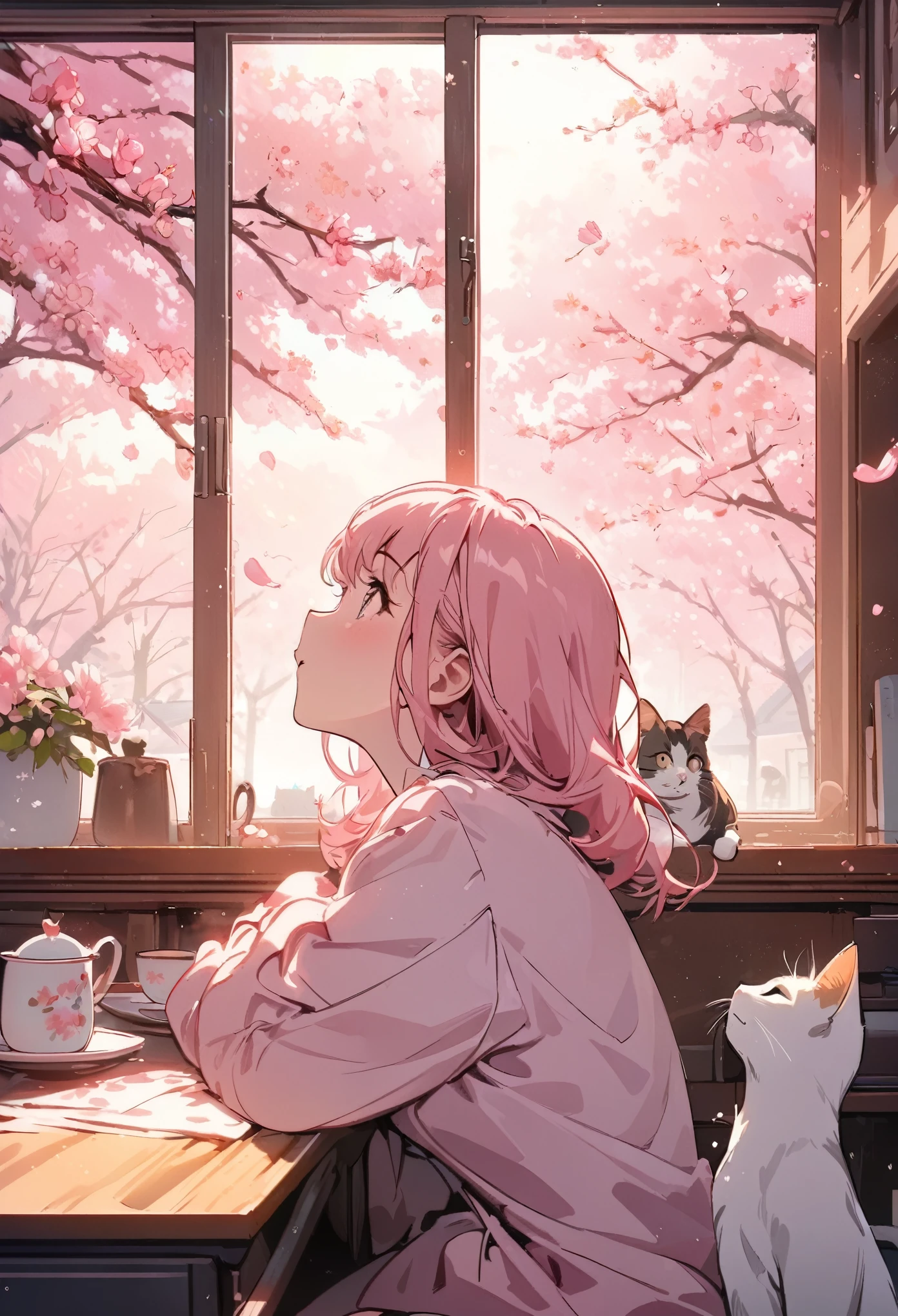 (masterpiece, highest quality:1.2), Illustrated style,Woman at desk,Cat, Indoor Settings, View from the window, spring, green, A cherry tree with pink blossoms, petal, Pink Theme, sunlight, look up , Looking out the window,  Homely atmosphere, Creative Space, Tea cup,Modern Style, Warmth, Tranquility, Artistic