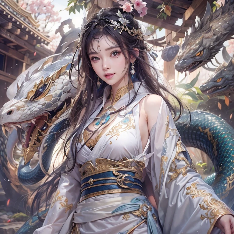 Hiding in an ancient shrine、Hair flow、 ((highest quality、masterpiece、8k、Best image quality、Ultra-high resolution、Award-winning works)、(Accurate anatomy:1.1)、(Look at me and smile:1.1)、Shining fair skin with Ultra-high resolution、The most detailed face、Ultra-high resolution detailed face、Ultra-high resolutionの髪の毛、(Ultra-high resolutionの煌めく瞳:1.1)、Beautiful face drawn in every detail、(Blurred Background:1.1)、Ancient Maiden Clothing, Chest to chest, tattoo、Put the giant white snake aside