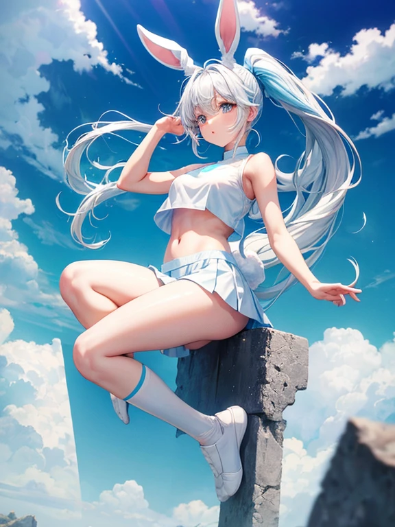 1 White long ponytail hair girl with light blue bunny ears wearing sky blue crop top and white skirt 2 black socks without shoes