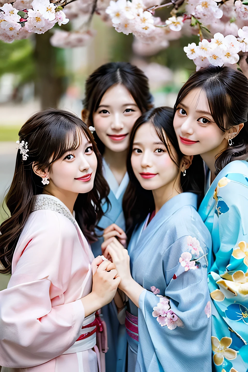 highest quality、High resolution、Detailed Background、(Beautiful face in every detail:1.4)、Anatomically correct、(Detailed facial expressions)、(Detailed eyes:1.2)、Beautiful, smooth skin、age beauty、(Three Women)、(Highly detailed face:1.4)、well-groomed eyebrows、 Adult Style、Sunny outdoors、A big smile、laughing、
(Three beautiful girls having fun with their friends:1.5)、
For the color of the kimono, choose soft colors such as pretty pink, pale cherry blossom, and light blue to create a girly impression.、
Cherry blossoms and plum blossoms are timeless and long-loved patterns.、Small floral patterns are recommended.、
like々To bring out your beauty, it is a good idea to choose a kimono with a bright background color and a gorgeous pattern.、
Choose the color and pattern of the obi while considering how it will coordinate with your kimono.、
To emphasize cuteness, we recommend obi in soft colors or designs with small floral patterns or ribbons.、
You can also add a cute touch to your geta.、
Choose sandals with colorful floral patterns, glitter, or ribbons to add a touch of glamour to your feet.、
Simple and elegant accessories go well with Japanese clothing.、
Wearing earrings or a necklace with a small flower motif and a thin bracelet on your wrist will make you look even cuter.、
For hair accessories, try incorporating small hairpins or kanzashi with cherry blossom or plum blossom motifs.、
Consider an updo or a bun hairstyle that matches the design of your kimono and your personality.、
You can enjoy unique styling with hair accessories and hairpins.、
Add pink or cherry blossom blush to your natural and clean base makeup.、
Use soft colored eyeshadows to add a touch of glamour to your eyes.、
For your lips, choose a pale pink or cherry blossom color to make yourself look even cuter.