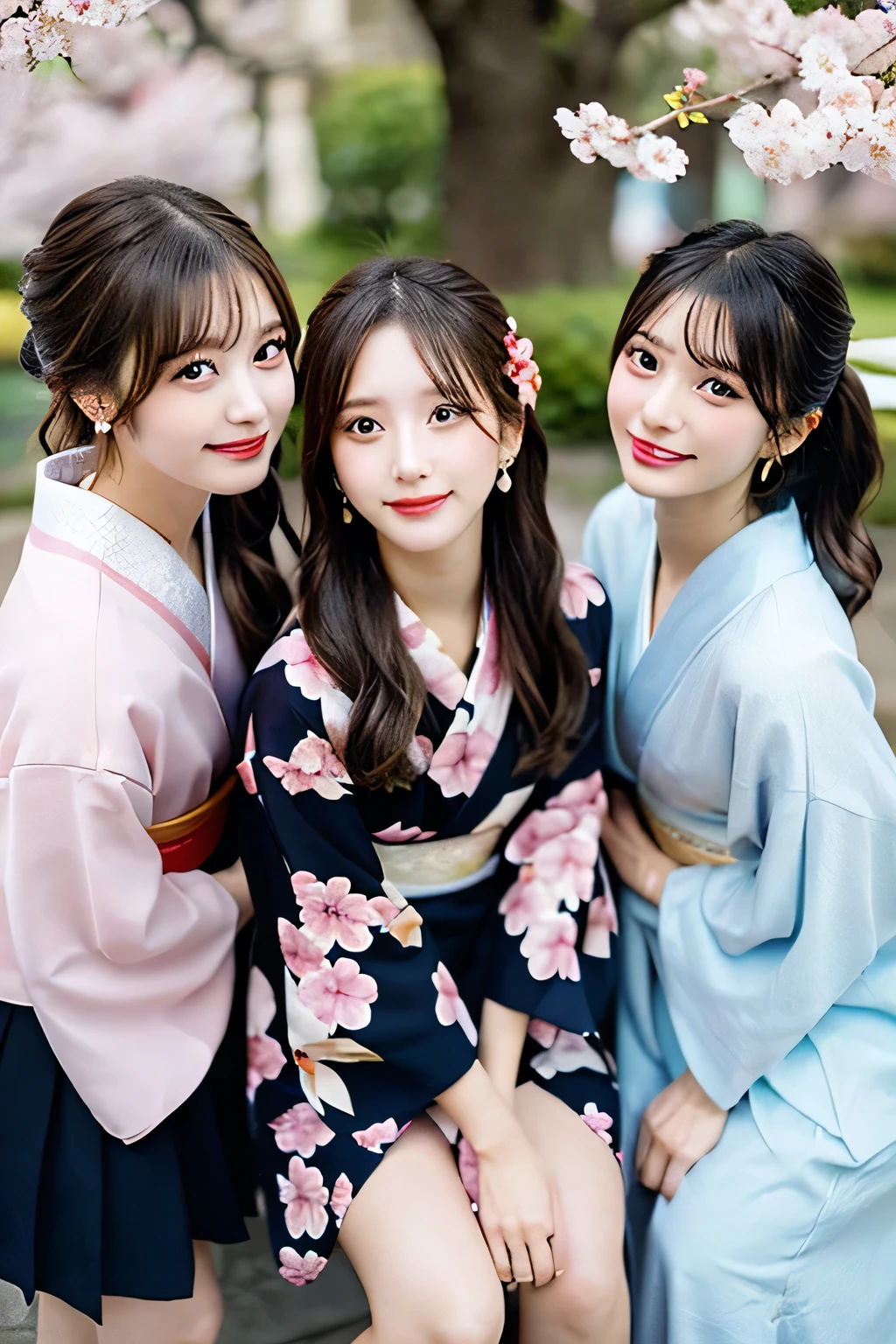 highest quality、High resolution、Detailed Background、(Beautiful face in every detail:1.4)、Anatomically correct、(Detailed facial expressions)、(Detailed eyes:1.2)、Beautiful, smooth skin、Teenage beauty、(Three Women)、(Highly detailed face:1.4)、well-groomed eyebrows、 Adult Style、Sunny outdoors、A big smile、laughing、

(Three beautiful girls having fun with their friends:1.5)、

For the color of the kimono, choose soft colors such as pretty pink, pale cherry blossom, and light blue to create a girly impression.、
Cherry blossoms and plum blossoms are timeless and long-loved patterns.、Small floral patterns are recommended.、
like々To bring out your beauty, it is a good idea to choose a kimono with a bright background color and a gorgeous pattern.、

Choose the color and pattern of the obi while considering how it will coordinate with your kimono.、
To emphasize cuteness, we recommend obi in soft colors or designs with small floral patterns or ribbons.、

You can also add a cute touch to your geta.、
Choose sandals with colorful floral patterns, glitter, or ribbons to add a touch of glamour to your feet.、

Simple and elegant accessories go well with Japanese clothing.、
Wearing earrings or a necklace with a small flower motif and a thin bracelet on your wrist will make you look even cuter.、
For hair accessories, try incorporating small hairpins or kanzashi with cherry blossom or plum blossom motifs.、

Consider an updo or a bun hairstyle that matches the design of your kimono and your personality.、
You can enjoy unique styling with hair accessories and hairpins.、

Add pink or cherry blossom blush to your natural and clean base makeup.、
Use soft colored eyeshadows to add a touch of glamour to your eyes.、
For your lips, choose a pale pink or cherry blossom color to make yourself look even cuter.