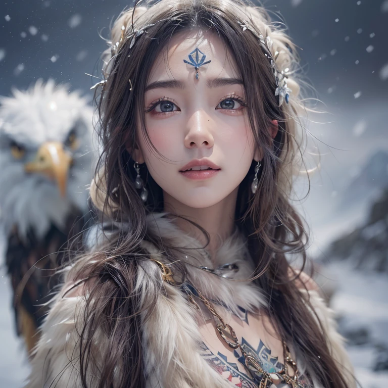 Hiding in the snowy mountains、Hair flow、 ((highest quality、masterpiece、8k、Best image quality、Ultra-high resolution、Award-winning works)、(Accurate anatomy:1.1)、(Look at me and smile:1.1)、Shining fair skin with Ultra-high resolution、The most detailed face、Ultra-high resolution detailed face、Ultra-high resolutionの髪の毛、(Ultra-high resolutionの煌めく瞳:1.1)、Beautiful face drawn in every detail、(Blurred Background:1.1)、Ancient Inuit clothing, Chest to chest, tattoo, Old ruins in the background、Apart from the real giant eagle