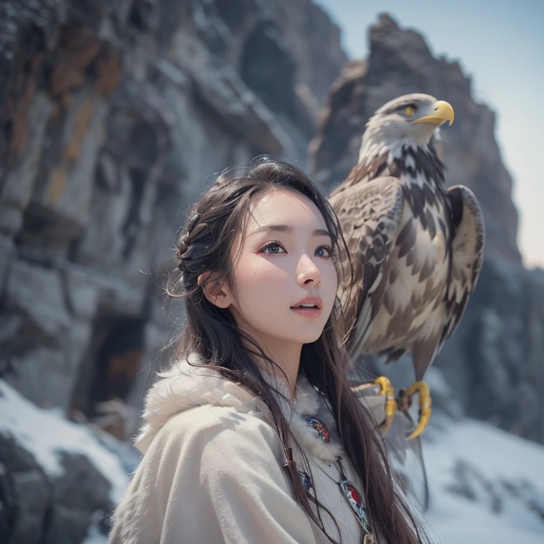 Hiding in the snowy mountains、Hair flow、 ((highest quality、masterpiece、8k、Best image quality、Ultra-high resolution、Award-winning works)、(Accurate anatomy:1.1)、(Look at me and smile:1.1)、Shining fair skin with Ultra-high resolution、The most detailed face、Ultra-high resolution detailed face、Ultra-high resolutionの髪の毛、(Ultra-high resolutionの煌めく瞳:1.1)、Beautiful face drawn in every detail、(Blurred Background:1.1)、Ancient Inuit clothing, Chest to chest, tattoo, Old ruins in the background、Apart from the real giant eagle