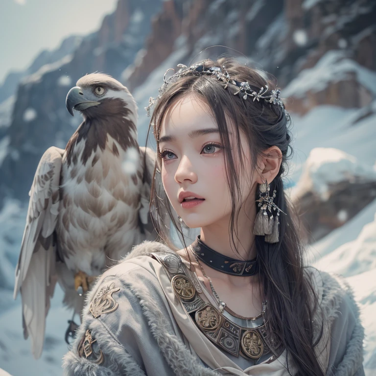 Hiding in the snowy mountains、Hair flow、 ((highest quality、masterpiece、8k、Best image quality、Ultra-high resolution、Award-winning works)、(Accurate ???????:1.1)、(Look at me and smile:1.1)、Shining fair skin with Ultra-high resolution、The most detailed face、Ultra-high resolution detailed face、Ultra-high resolutionの髪の毛、(Ultra-high resolutionの煌めく瞳:1.1)、Beautiful face drawn in every detail、(Blurred Background:1.1)、Ancient Inuit clothing, Chest to chest, tattoo, Old ruins in the background、Apart from the real giant eagle