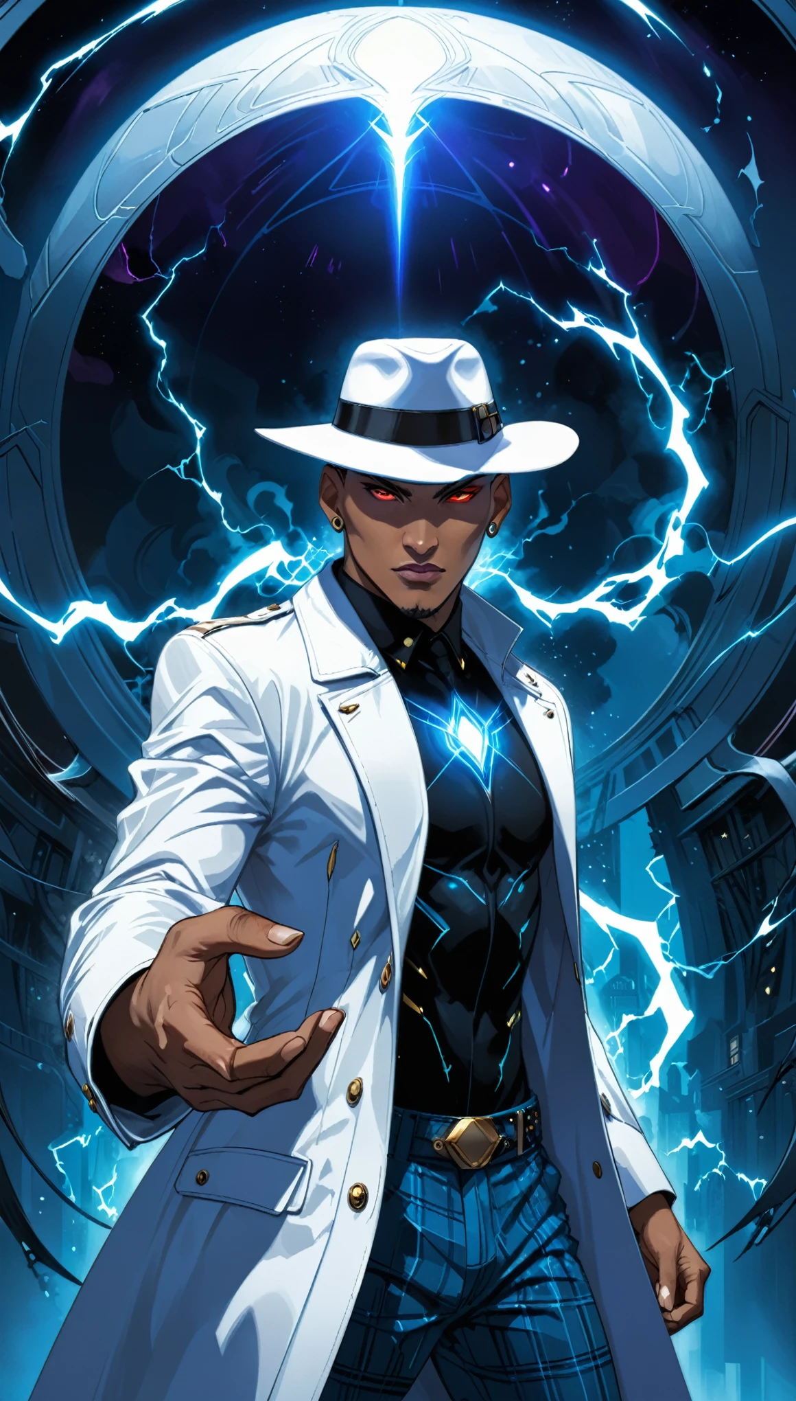 ((in style of Brian Stelfreeze:1.2):1.4),(front view:1.6),dynamic_angle,foreshortening,(cowboy_shot:1.2),1boy,white hat,white coat,surrealist style,exaggerated dynamic poses,evil breath,ominous atmosphere,dome,(evil energy:1.4) three-quarter view,aerial,(perfect hands:1.37),zoom layer,plaid fashion clothing,surreal accessories,intense fight,fighting action pose,