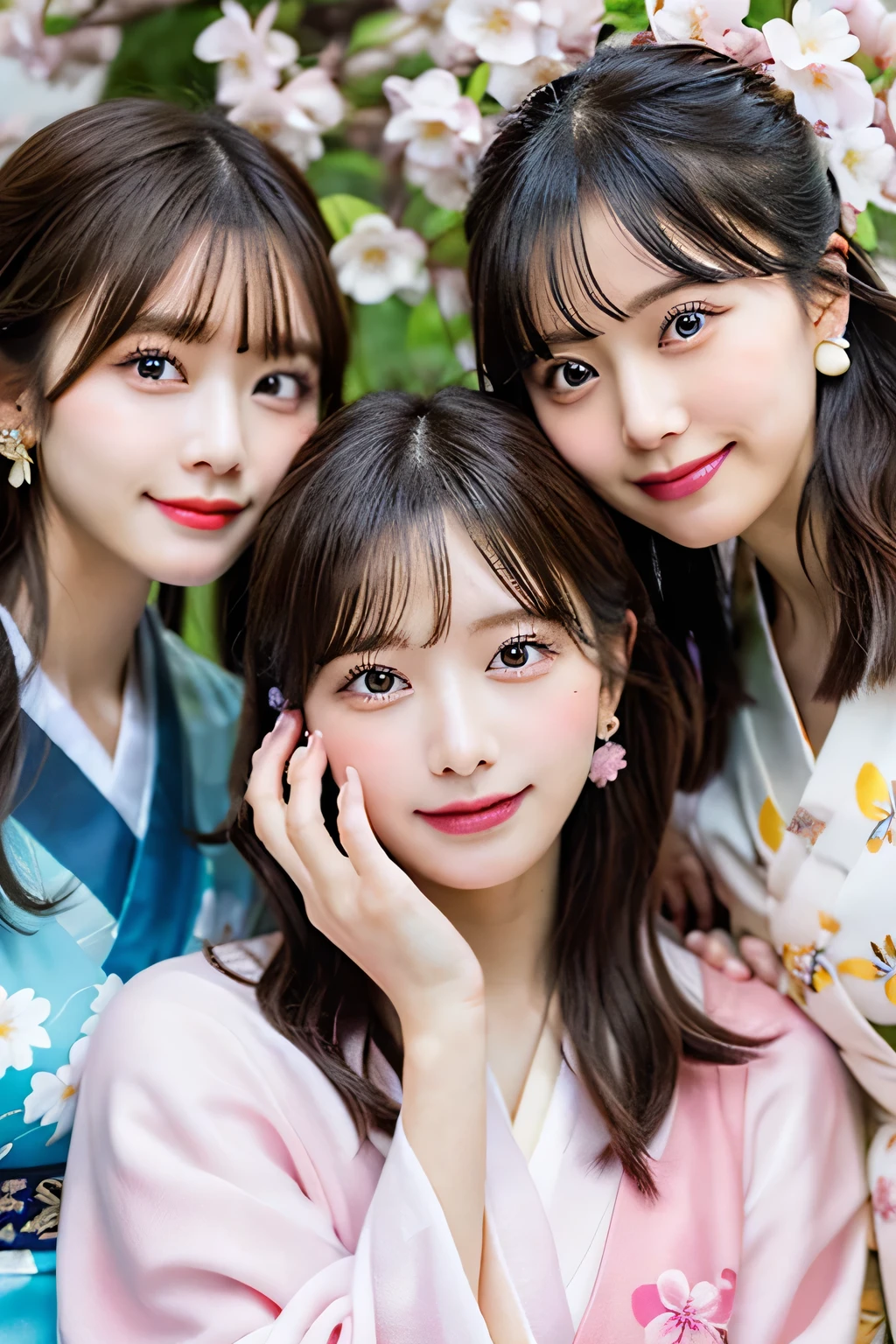 highest quality、High resolution、Detailed Background、(Beautiful face in every detail:1.4)、Anatomically correct、(Detailed facial expressions)、(Detailed eyes:1.2)、Beautiful, smooth skin、Teenage beauty、(Three Women)、(Highly detailed face:1.4)、well-groomed eyebrows、 Adult Style、Sunny outdoors、A big smile、laughing、

(Three beautiful girls having fun with their friends:1.5)、

For the color of the kimono, choose soft colors such as pretty pink, pale cherry blossom, and light blue to create a girly impression.、
Cherry blossoms and plum blossoms are timeless and long-loved patterns.、Small floral patterns are recommended.、
like々To bring out your beauty, it is a good idea to choose a kimono with a bright background color and a gorgeous pattern.、

Choose the color and pattern of the obi while considering how it will coordinate with your kimono.、
To emphasize cuteness, we recommend obi in soft colors or designs with small floral patterns or ribbons.、

You can also add a cute touch to your geta.、
Choose sandals with colorful floral patterns, glitter, or ribbons to add a touch of glamour to your feet.、

Simple and elegant accessories go well with Japanese clothing.、
Wearing earrings or a necklace with a small flower motif and a thin bracelet on your wrist will make you look even cuter.、
For hair accessories, try incorporating small hairpins or kanzashi with cherry blossom or plum blossom motifs.、

Consider an updo or a bun hairstyle that matches the design of your kimono and your personality.、
You can enjoy unique styling with hair accessories and hairpins.、

Add pink or cherry blossom blush to your natural and clean base makeup.、
Use soft colored eyeshadows to add a touch of glamour to your eyes.、
For your lips, choose a pale pink or cherry blossom color to make yourself look even cuter.