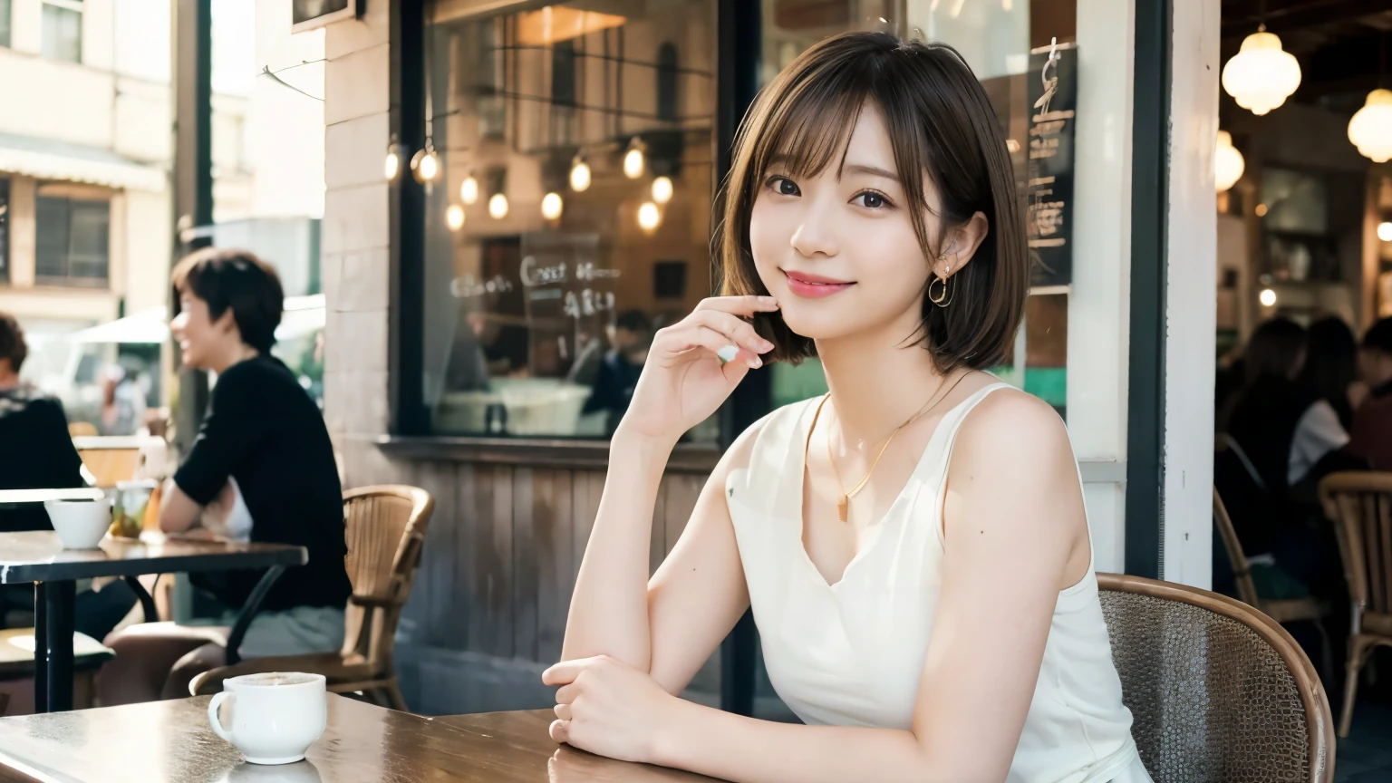 8k, masterpiece, RAW Photos, Highest quality, Realistic, extremely detailed CG unity 8k wallpaper, Cinematic Light, Lens flare, Ray Tracing, (Very beautiful face, Beautiful Lips, Beautiful Eyes, Big eyes), ((Highly detailed skin)) 1 person, Deep Shadow, Beautiful Japanese Woman, 1 person, (Very slim, Toned, muscular body:1.2),Serious expression, (morning, (Blurred Background), Pale Light),indoor, (No people in the background:1.3), Beautiful earrings, bracelet, necklace, Clear Eyes, iris, Inside the cafe,Drink coffee,Looking out the window, Full Body Shot,Summer clothes、Smile widely!