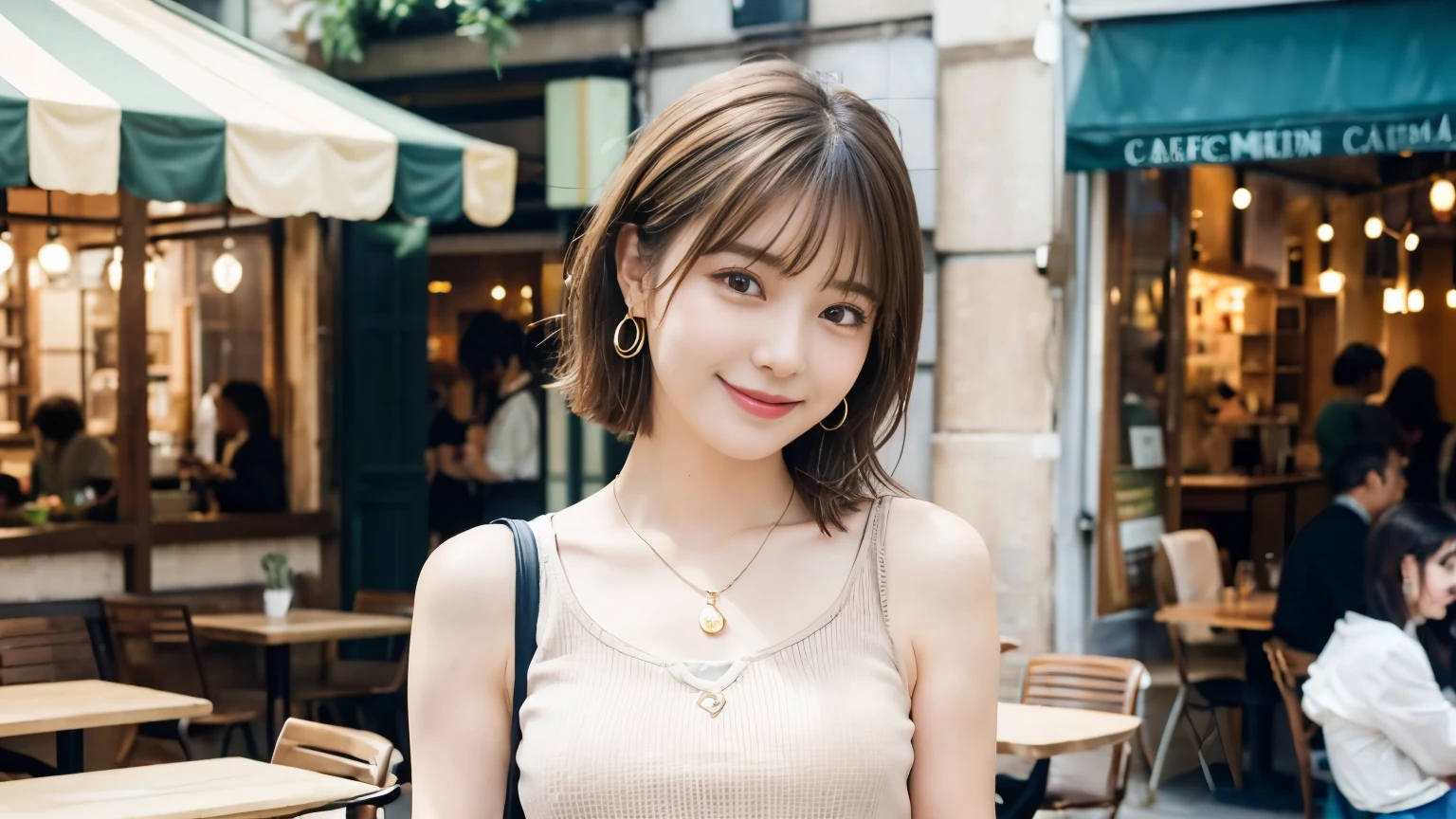 super high quality, Short Hair, Slender, Gravure photoshoot, The staff is working at the counter in the back., (8k、RAW Photos、highest quality、masterpiece:1.2), Japanese Idol, Shaggy, Sportswear, Stylish café, The cafe is crowded with people enjoying themselves., (Realistic、Photorealistic:1.37), Mesh Hair, Urban Cafe, Golden Ratio, Raw photo, Cute face , Light Brown Hair, Earrings, Small breasts, Bright cafe interior, Spring Clothes, necklace, Spoiled, Cafe Terrace, Open Cafe, Open Cafeの前に高級車, Smile, Hair blowing in the wind, Neat clothes, 18-year-old, younger sister, 
