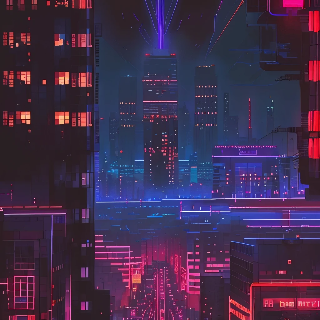Purple and red rendering,Night cityscape with neon lights and full moon, Anime style cityscape, Cyberpunk pixel art, inspired by Liam Wong, New Tokyo Background, Cyberpunk art style, Cyberpunk Cityscape, James Girard (James Gilleard) of inspiration, a Cyberpunk Cityscape, defeated city. New black style, James Girard Artwork, HD anime city landscape, Neon City, Detailed neon cyberpunk city, Just a joke