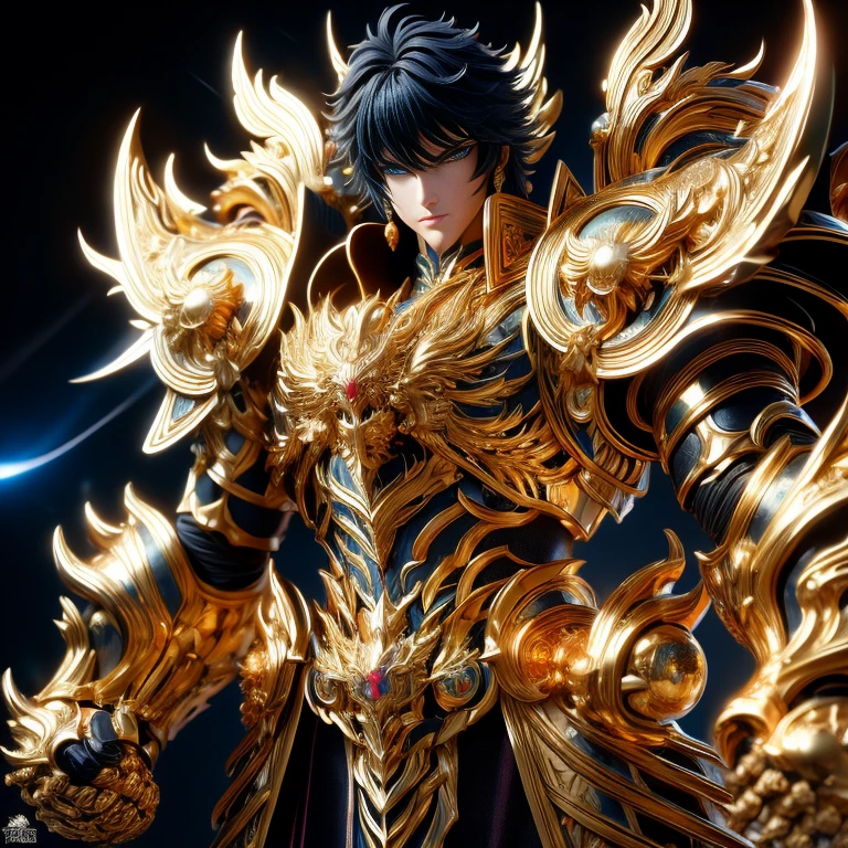 (masterpiece, best quality:1.2, UHD, 4k, masterpiece, photo realistic, insane details, ultra realistic, nobel photography), a saint seiya saint, with ultra beautiful and decoured full armour, made of black metal, dragon themed dragoncore, light effects, very decourated, friezes