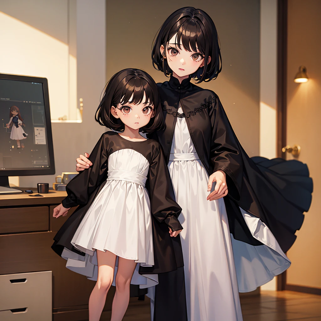 A little kid and had brown eyes and black short hair and in a white long dress and has a doll