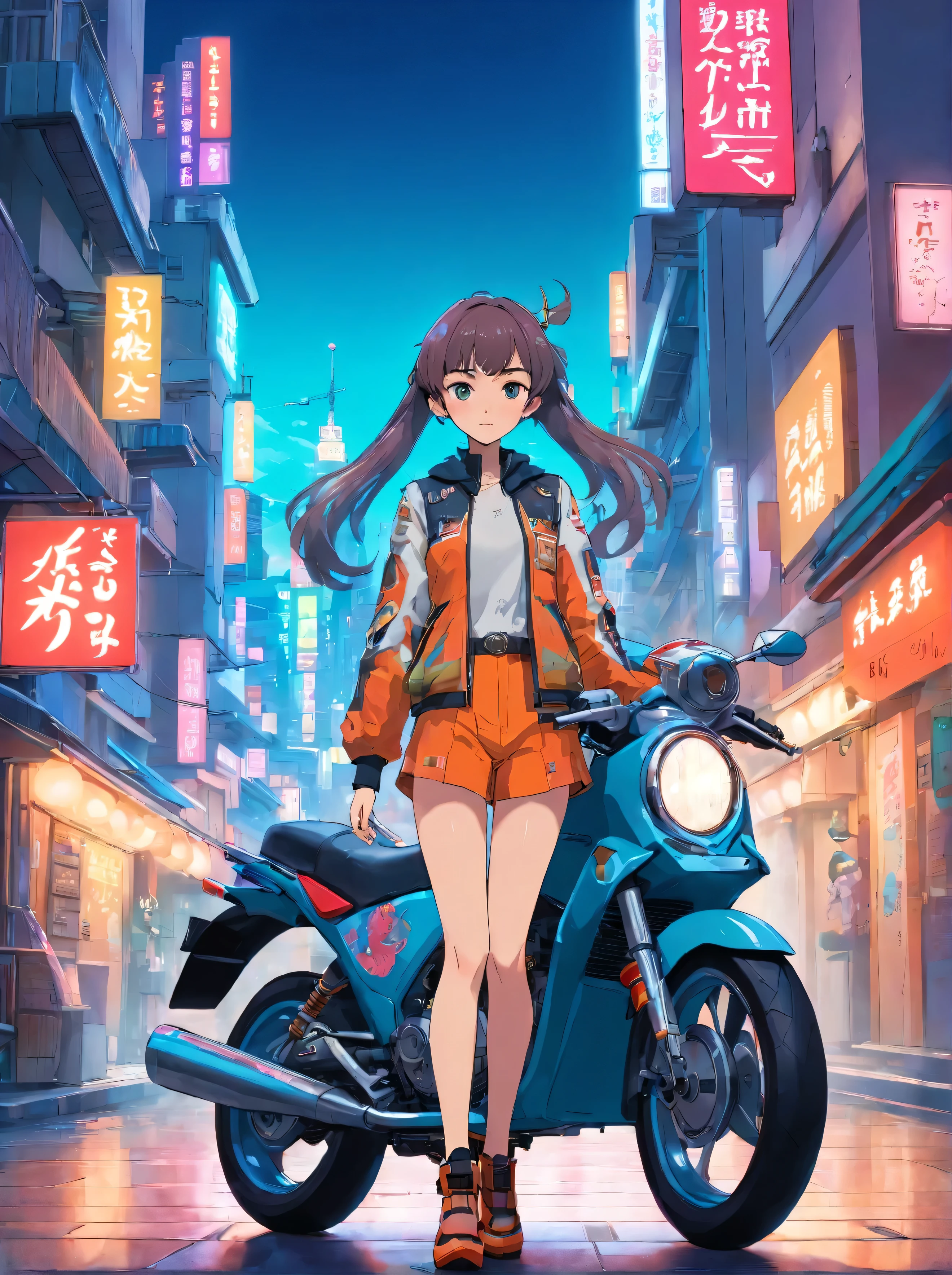 masterpiece, best quality, Confident cyberpunk girl, full body shot, ((standing in front of motorcycle)), Harajuku-inspired pop outfit, bold colors and patterns, eye-catching accessories, trendy and innovative hairstyle, vibrant makeup, Cyberpunk dazzling cityscape, skyscrapers, neon signs, LED lights, bright and vivid color scheme, anime, illustration, detailed skin texture, detailed cloth texture, beautiful detailed face, intricate details, ultra detailed.