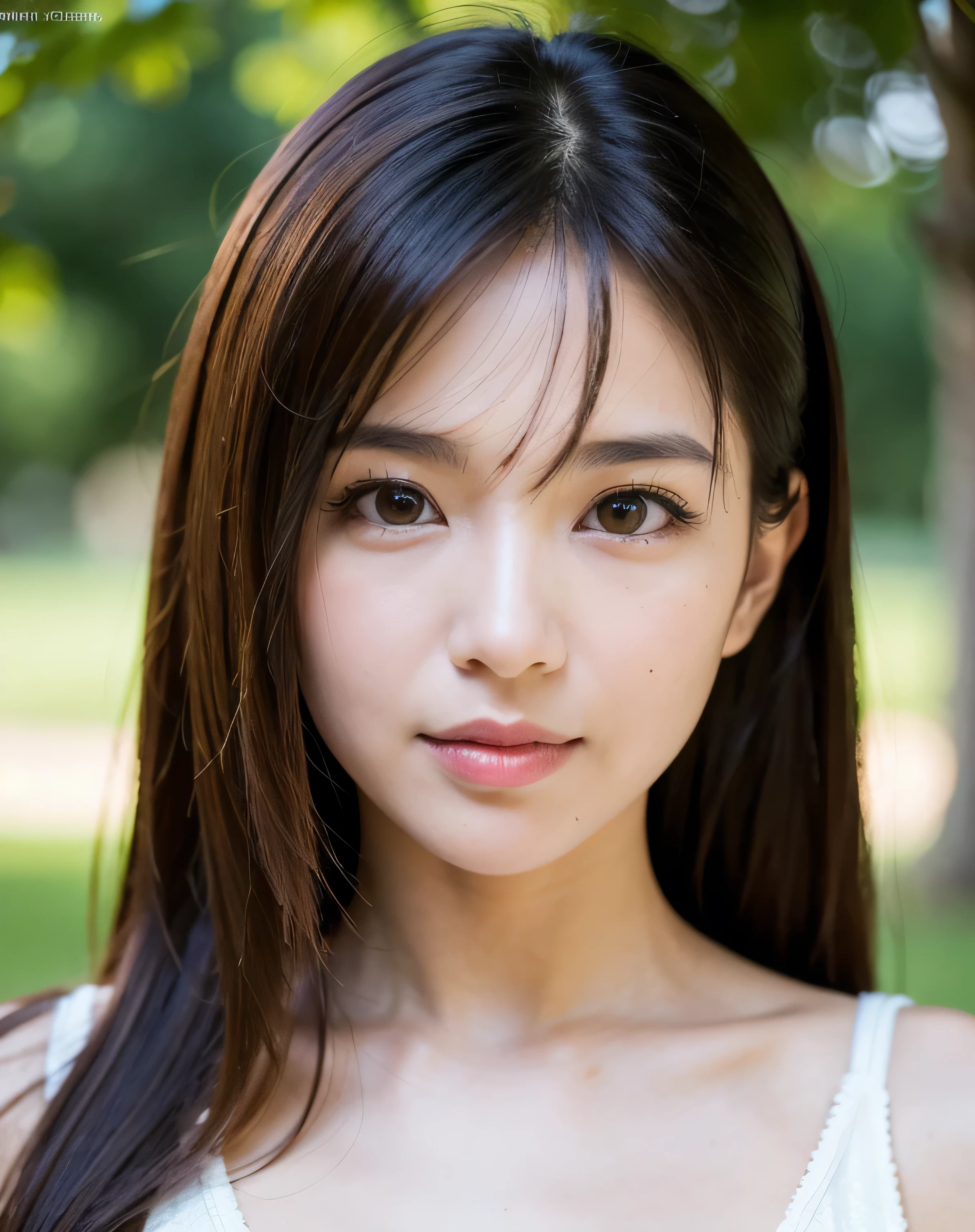 Woman Photo, face close up, Best Quality, Soft Light, Ultra High Definition, (Photorealistic: 1.4), Raw Photo, Ultra Textured Skin, Face Looking Directly at Camera, Full Face, Japanese Girl, Alone, Cute, (Shy Smile: 0.5) , (Brown) eyes, twinkle in the eyes), detailed beautiful face, (Large breasts), (Detailed skin texture of a highly developed person), (Long hair), cosplay, bokeh, sharp focus on the object