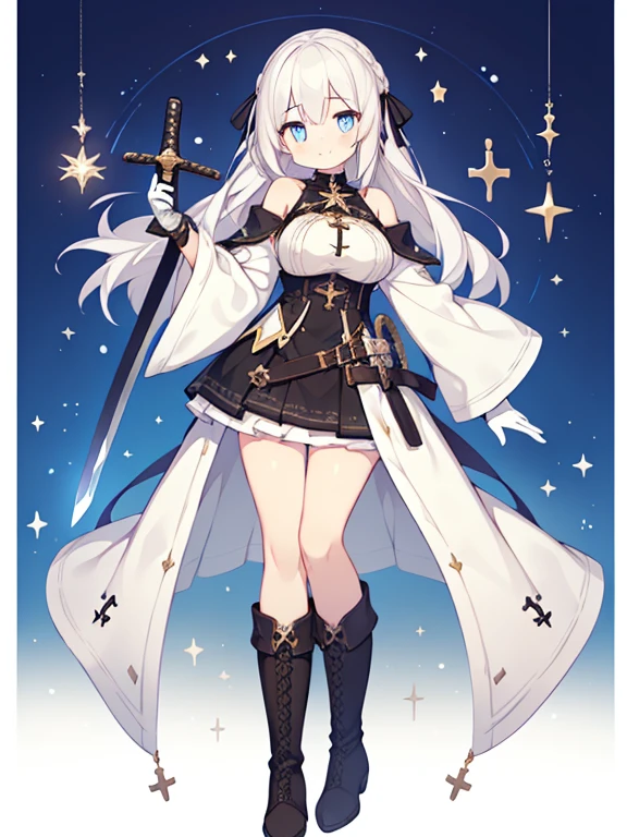 (1girl in:1.2), (Solo:1.2), masutepiece, nffsw、Shaders、Brilliant Textured Work、Ultra-detailed eyes、ultra-intricate pupil in eyes、top-quality、White hair、Adultature、Slender body、Standing Picture、magical 、long hair that grows to the shoulders、voluminous hair、Clothes in black and white only、Large ribbon、very large breast、Wide sleeves、starrysky、A big smile、white glove、Tiered miniskirt、Absolute Area、white stockingagical Girl Boots、Cross Accessories、Cross pattern、Large cross pattern、Dynamic poses、Sword of Light、magic spells、Luminous letters、