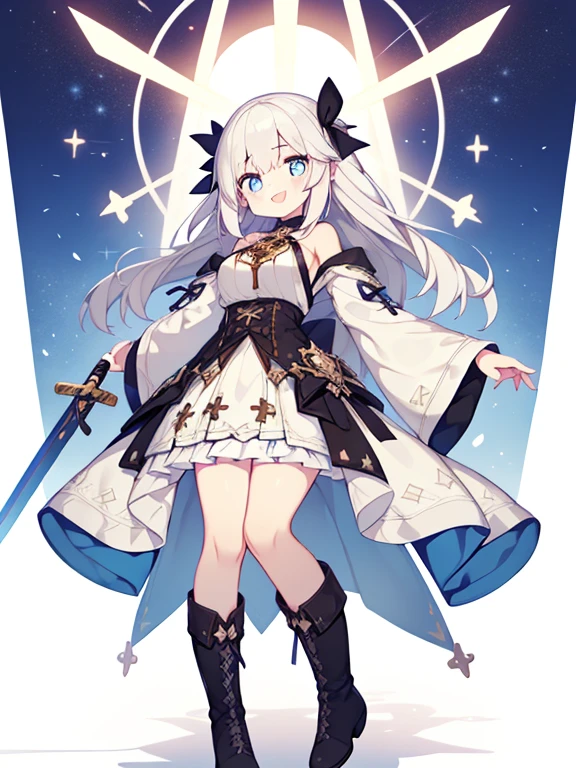 (1girl in:1.2), (Solo:1.2), masutepiece, nffsw、Shaders、Brilliant Textured Work、Ultra-detailed eyes、ultra-intricate pupil in eyes、top-quality、White hair、Adultature、Slender body、Standing Picture、magical 、long hair that grows to the shoulders、voluminous hair、Clothes in black and white only、Large ribbon、very large 、Wide sleeves、starrysky、A big smile、white glove、Tiered miniskirt、Absolute Area、white stockingagical Girl Boots、Cross Accessories、Cross pattern、Large cross pattern、Dynamic poses、Sword of Light、magic spells、Luminous letters、