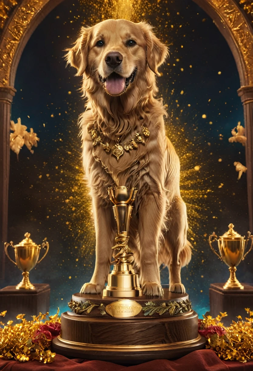 (Golden Trophy:1.5), jinsixiangyun, traditional, gldnglry, Golden Retriever, (best in show trophy:1.5), detailed matte painting, deep color, fantastical, intricate detail, splash screen, complementary colors, fantasy concept art, 8k resolution trending on Artstation Unreal Engine 5