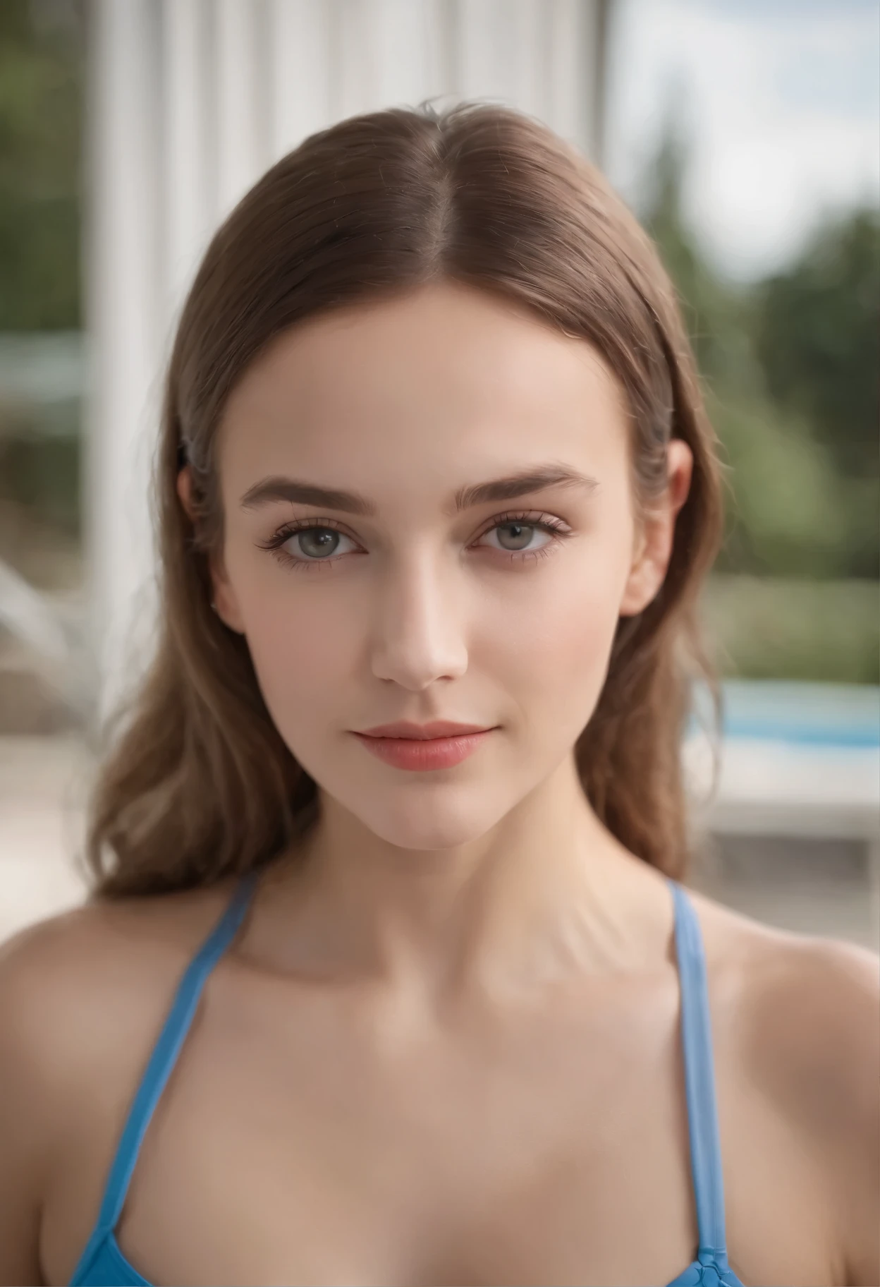 very beautiful teenage woman, polish nationality, smooth and white skin, slender shape, wearing swimming uniforms, smile, full body portrait photography, a great modern house design with swimming pool is background, natural and diffuse lighting, fashion magazine image style, taken by professional photographer, 8k quality