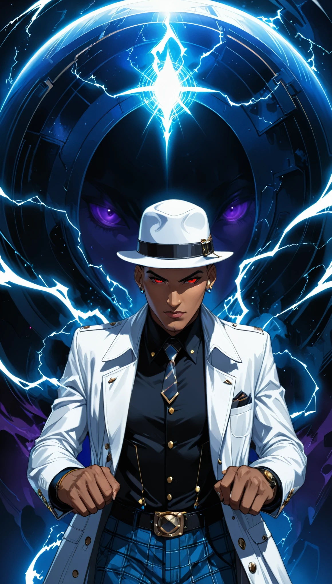 ((in style of Brian Stelfreeze:1.2):1.4),(front view:1.6),dynamic_angle,foreshortening,(cowboy_shot:1.2),1boy,white hat,white coat,surrealist style,exaggerated dynamic poses,evil breath,ominous atmosphere,dome,(evil energy:1.4) three-quarter view,aerial,(perfect hands:1.37),zoom layer,plaid fashion clothing,surreal accessories,intense fight,fighting action pose,