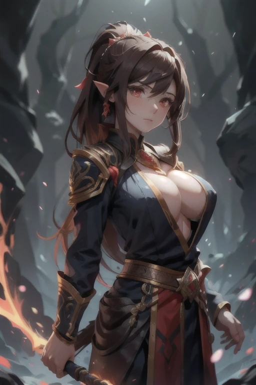 f4nt4nsy стиль пиккихутао, 1 girl, Brown hair, long hair, pupils in the form of symbols, One, Red eyes, I look at the viewer, ponytail, flower, It has, long sleeves, bang, blush, Jewelry, It has flower, black headdress . with big breasts