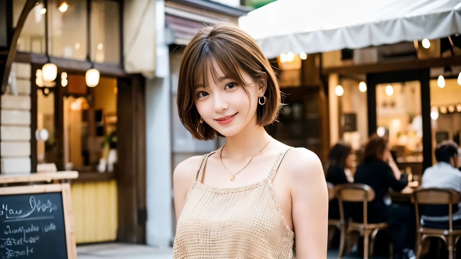 super high quality, Short Hair, Slender, Gravure photoshoot, The staff is working at the counter in the back., (8k、RAW Photos、highest quality、masterpiece:1.2), Japanese Idol, Shaggy, Sportswear, Stylish café, The cafe is crowded with people enjoying themselves., (Realistic、Photorealistic:1.37), Mesh Hair, Urban Cafe, Golden Ratio, Raw photo, Cute face , Light Brown Hair, Earrings, Small breasts, Bright cafe interior, Beauty salon model, Spring Clothes, necklace, Spoiled, Cafe Terrace, Open Cafe, Open Cafeの前に高級車, Smile, Hair blowing in the wind, Neat clothes, 18-year-old, younger sister,