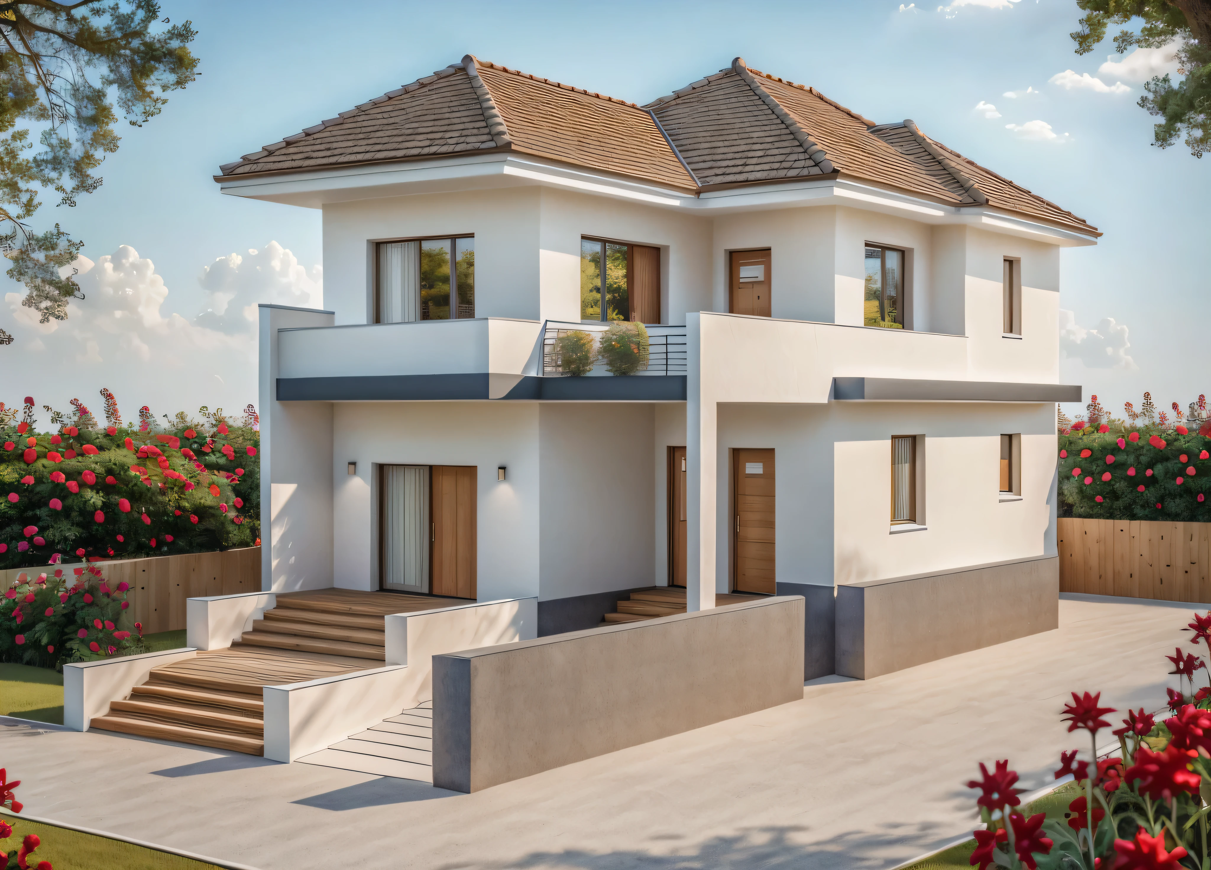 PLATEFORME KTHOUSE, 1 maison moderne avec toit en pente:1.1, beaucoup de belles fleurs rouges, Romantique, La maison de ville est faite de murs blancs, beautiful light, beauty day, sunny, belle sensation de jeunesse :1.2, sun at noon, Very beautiful shadows