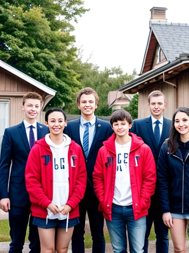 group of young people. Judæus image gathered in front of houses, focus on the faces of the characters 4k image