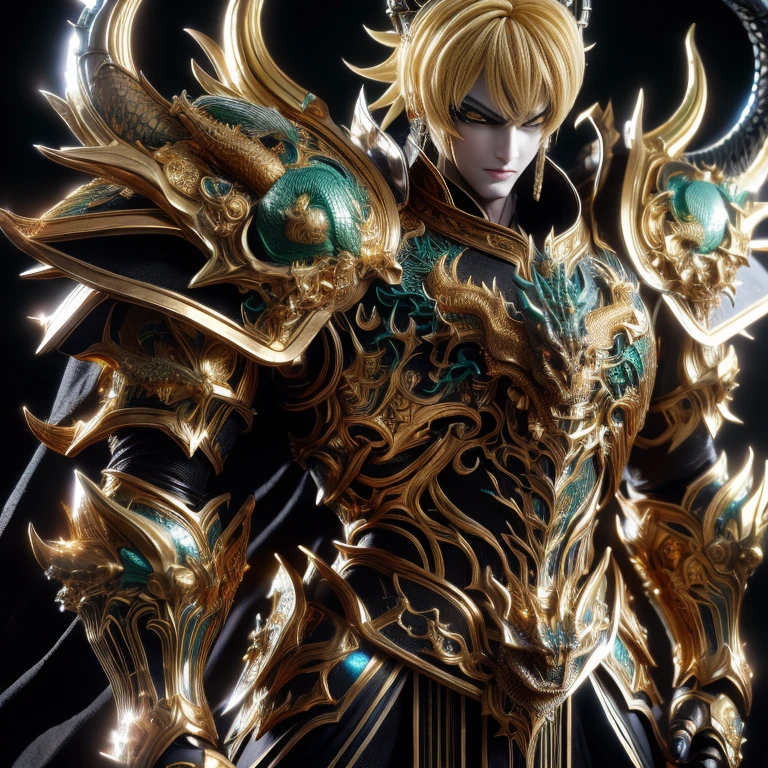 (masterpiece, best quality:1.2, UHD, 4k, masterpiece, photo realistic, insane details, ultra realistic, nobel photography), a saint seiya saint, with ultra beautiful and decoured full armour, ((((full made of black metal, dragon themed dragoncore))))), light effects, very decourated, friezes