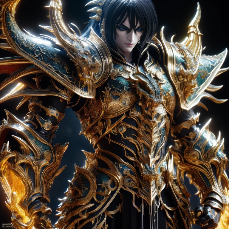 (masterpiece, best quality:1.2, UHD, 4k, masterpiece, photo realistic, insane details, ultra realistic, nobel photography), a saint seiya saint, with ultra beautiful and decoured full armour, ((((full made of black metal, dragon themed dragoncore))))), light effects, very decourated, friezes