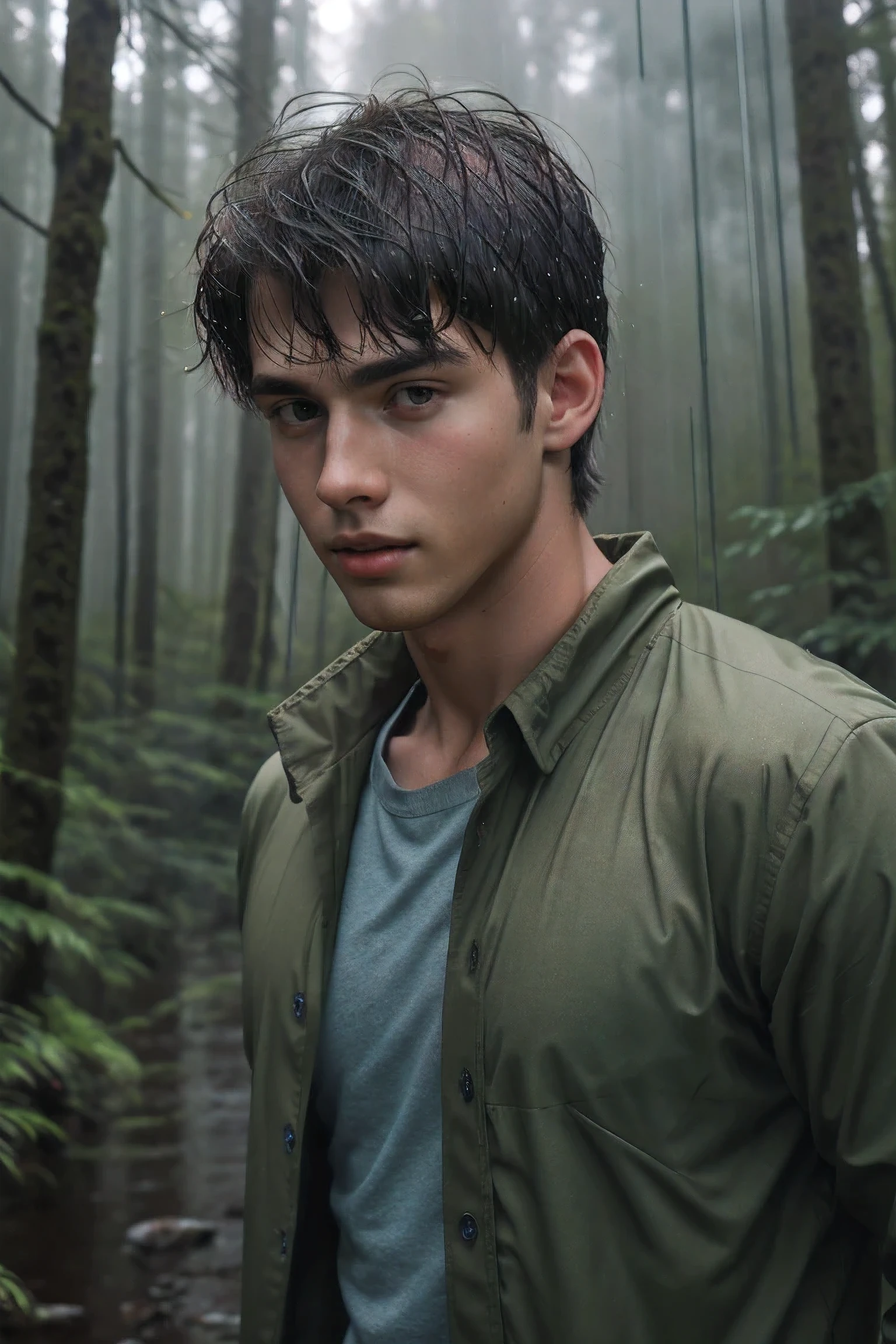 8k, raw picture, photograph, Handsome Young Men ,Casual Clothes, Forest ,rain,