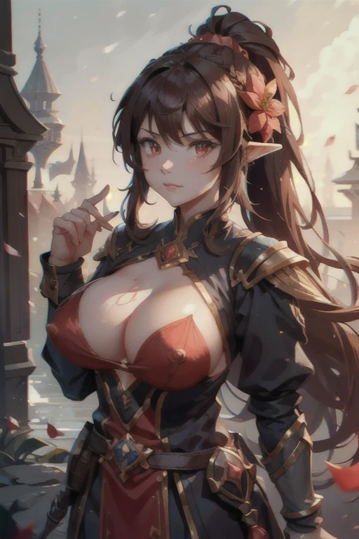 f4nt4nsy стиль пиккихутао, 1 girl, Brown hair, long hair, pupils in the form of symbols, One, Red eyes, I look at the viewer, ponytail, flower, It has, long sleeves, bang, blush, Jewelry, It has flower, black headdress . With big breasts and erect nipples