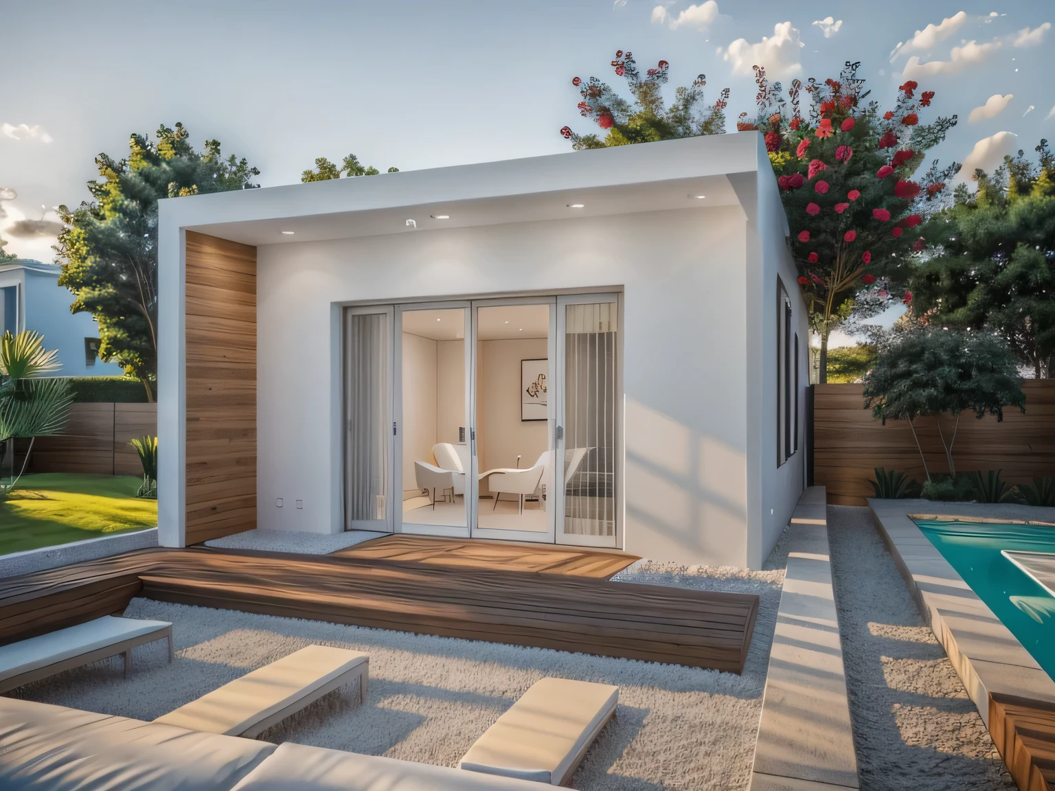 PLATEFORME KTHOUSE, 1 maison moderne avec toit en pente:1.1, beaucoup de belles fleurs rouges, Romantique, La maison de ville est faite de murs blancs, beautiful light, beauty day, sunny, belle sensation de jeunesse :1.2, sun at noon, Very beautiful shadows