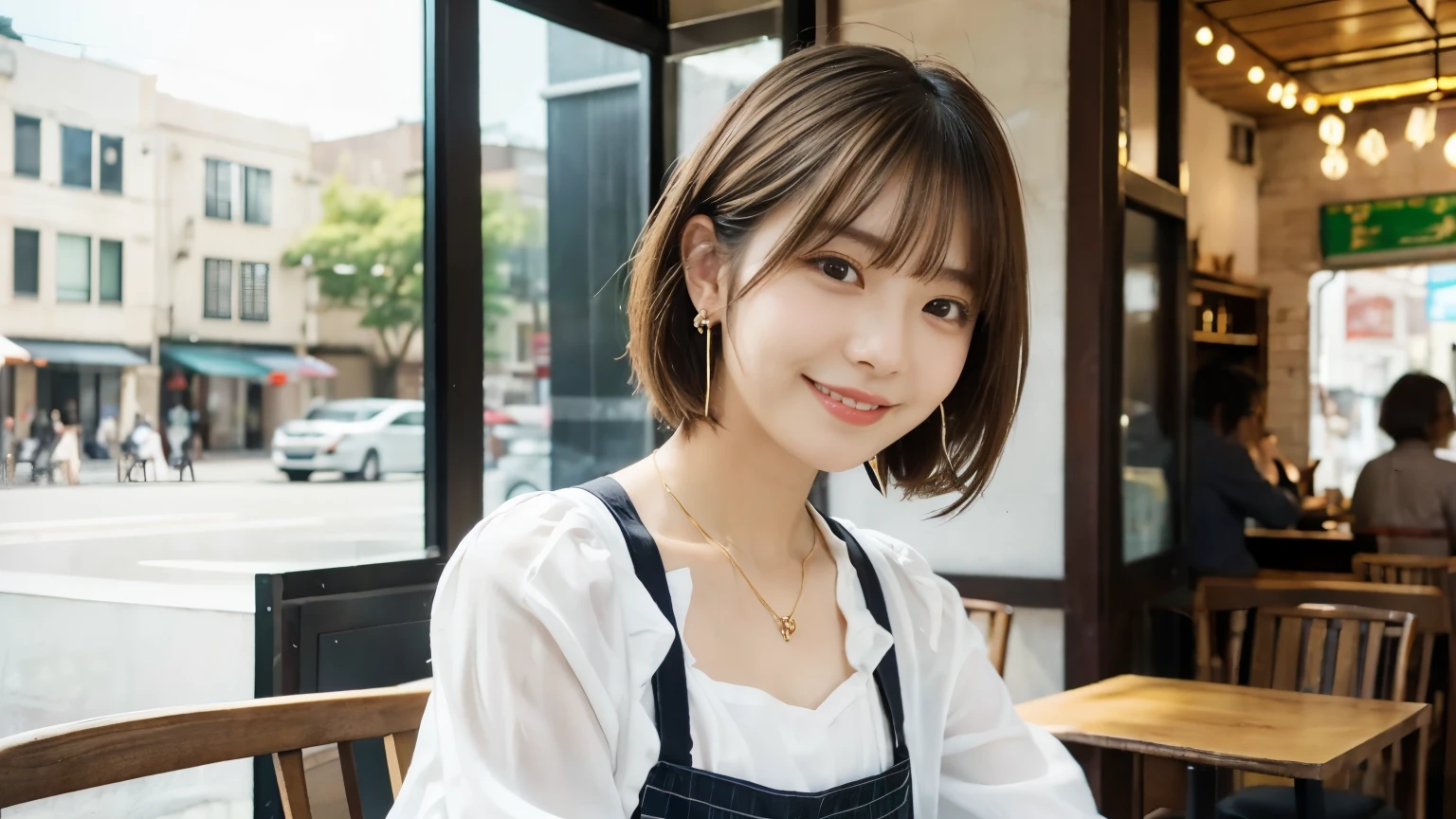 super high quality, Short Hair, Slender, Gravure photoshoot, The staff is working at the counter in the back., (8k、RAW Photos、highest quality、masterpiece:1.2), Japanese Idol, Shaggy, Stylish café, The cafe is crowded with people enjoying themselves., (Realistic、Photorealistic:1.37), Mesh Hair, Urban Cafe, Golden Ratio, Raw photo, Cute face , Light Brown Hair, Earrings, Small breasts, Bright cafe interior, Beauty salon model, Spring Clothes, necklace, White Shirt, Spoiled, Cafe Terrace, Open Cafe, Open Cafeの前に高級車, Smile, Hair blowing in the wind, Neat clothes, 18-year-old, younger sister, 
