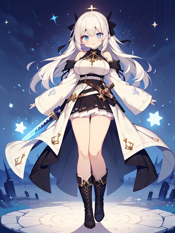 (1girl in:1.2), (Solo:1.2), masutepiece, nffsw、Shaders、Brilliant Textured Work、Ultra-detailed eyes、ultra-intricate pupil in eyes、top-quality、White hair、Adultature、Slender body、Standing Picture、magical 、long hair that grows to the shoulders、voluminous hair、Clothes in black and white only、Large ribbon、very large breast、Wide sleeves、starrysky、A big smile、white glove、Tiered miniskirt、Absolute Area、white stockingagical Girl Boots、Cross Accessories、Cross pattern、Large cross pattern、Dynamic poses、Sword of Light、magic spells、Luminous letters、