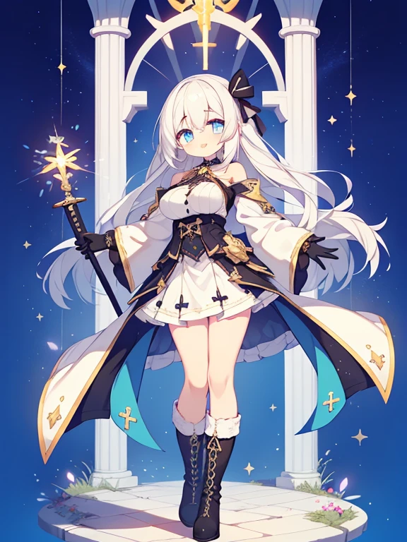 (1girl in:1.2), (Solo:1.2), masutepiece, nffsw、Shaders、Brilliant Textured Work、Ultra-detailed eyes、ultra-intricate pupil in eyes、top-quality、White hair、Adultature、Slender body、Standing Picture、magical 、long hair that grows to the shoulders、voluminous hair、Clothes in black and white only、Large ribbon、very large breast、Wide sleeves、starrysky、A big smile、white glove、Tiered miniskirt、Absolute Area、white stockingagical Girl Boots、Cross Accessories、Cross pattern、Large cross pattern、Dynamic poses、Sword of Light、magic spells、Luminous letters、