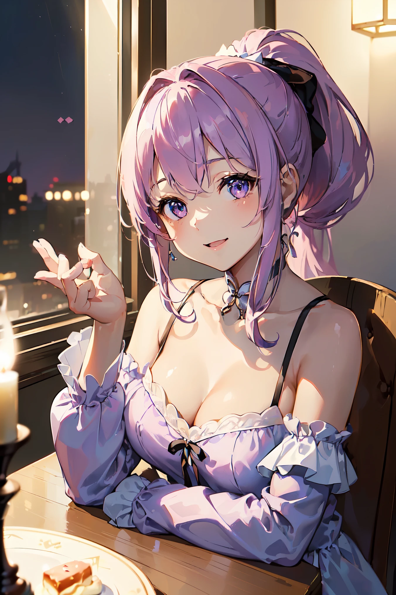 (((One girl))), (((masterpiece))), (((highest quality))), (((High resolution))), (((Very detailed))), (((8k))), (((Very adorable、A graceful and elegant woman with a delicate and natural attention to detail))), (((Very detailedな目))), (((Detailed soft light))), (((Silky pink mixed purple hair))), (((ponytail))), (((off shoulder long sleeve a-line mini dress))), ((head)), ((shoulder)), ((Cleavage)), (Cute Hair Ribbon), ((At the cafe)), ((night town outside the window)) (Chair), (table), (window), ((night)), (Feminine pose), ((A sweet and happy smile)), ((Model shooting style)), ((Full Shot)), ((Dynamic Angle)), ((Cinematic)), ((Unity Rendering)), ((85mm)), ((High resolution)), ((Upper Body), ((close))