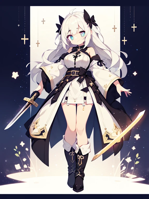 (1girl in:1.2), (Solo:1.2), masutepiece, nffsw、Shaders、Brilliant Textured Work、Ultra-detailed eyes、ultra-intricate pupil in eyes、top-quality、White hair、Adultature、Slender body、Standing Picture、magical 、long hair that grows to the shoulders、voluminous hair、Clothes in black and white only、Large ribbon、very large breast、Wide sleeves、starrysky、A big smile、white glove、Tiered miniskirt、Absolute Area、white stockingagical Girl Boots、Cross Accessories、Cross pattern、Large cross pattern、Dynamic poses、Sword of Light、magic spells、Luminous letters、