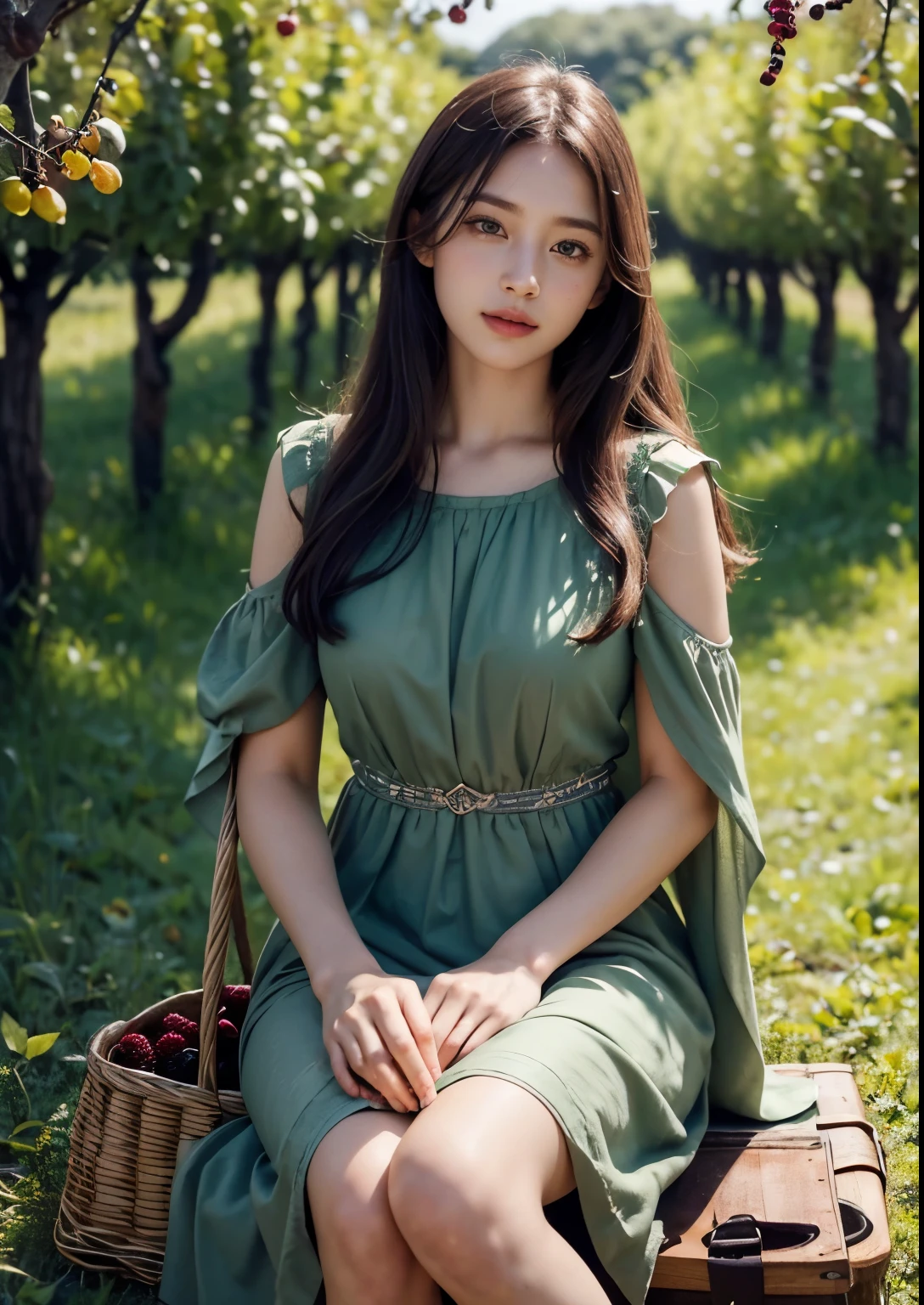 (best quality,4k,8k,highres,masterpiece:1.2),ultra-detailed,(realistic,photorealistic,photo-realistic:1.37),high-resolution portraits,beautiful detailed eyes,beautiful detailed lips,extremely detailed eyes and face,long eyelashes,freckles on her face,gentle smile,majestic pose,flowing black hair cascading down her back, ((above knee length Green Frock dress)),soft sunlight illuminating her face,vivid colors in the landscape,rich color palette with warm tones,((mulberry fruit orchards)),((many many Mulberry Fruits in orchards)),((mulberry fruit trees)),traditional Turkish orchards in the background,rows of fruitful mulberry trees with branches heavy with ripe fruits,each mulberry fruit perfectly crafted and vibrant purple in color,she delicately holds a wicker basket filled with freshly picked mulberries,berry juice staining her fingertips,a sense of tranquility and serenity in the air,subtle wind rustling the leaves,elegantly painted background with a touch of impressionistic style,subtle brushstrokes adding depth and texture to the image,sublime realism with a touch of romanticism, Stylish Poses, sexy angles