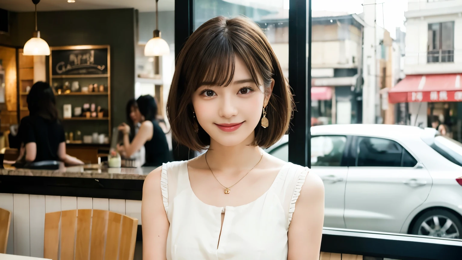 super high quality, Short Hair, Slender, Gravure photoshoot, The staff is working at the counter in the back., (8k、RAW Photos、highest quality、masterpiece:1.2), Japanese Idol, Shaggy, Stylish café, The cafe is crowded with people enjoying themselves., (Realistic、Photorealistic:1.37), Mesh Hair, Urban Cafe, Golden Ratio, Raw photo, Cute face , Light Brown Hair, Earrings, Small breasts, Bright cafe interior, Beauty salon model, Spring Clothes, necklace, White Shirt, Spoiled, Cafe Terrace, Open Cafe, Open Cafeの前に高級車, Smile, Hair blowing in the wind, Neat clothes, 18-year-old, younger sister, 

